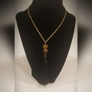 Gold Chain Necklace With 2 Tiger's Eye Beads And Black Tassel 34" Long.